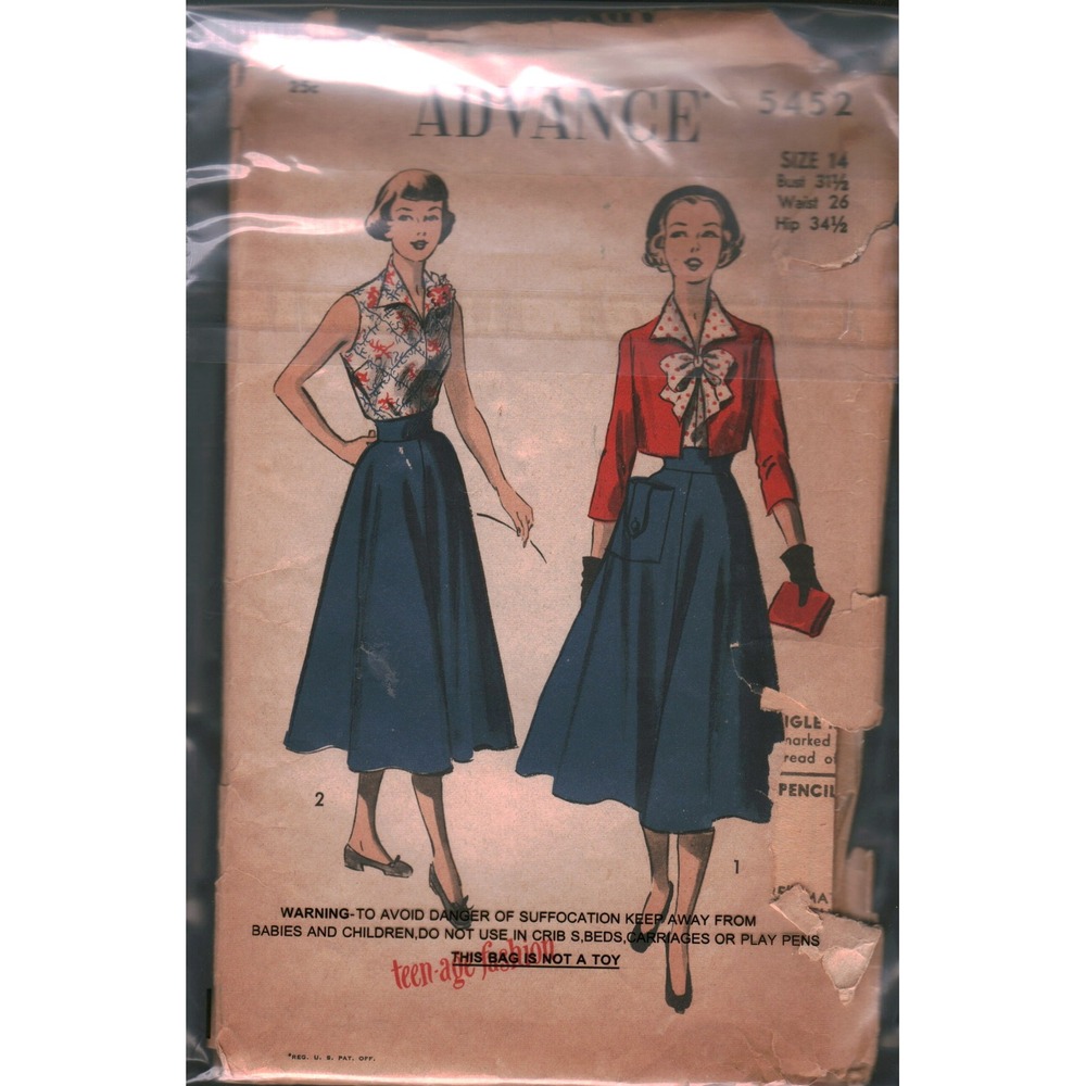Vintage Advance 5452 Sewing Pattern 1950s Blouse Skirt Bolero Jacket Sz 14 B31.5